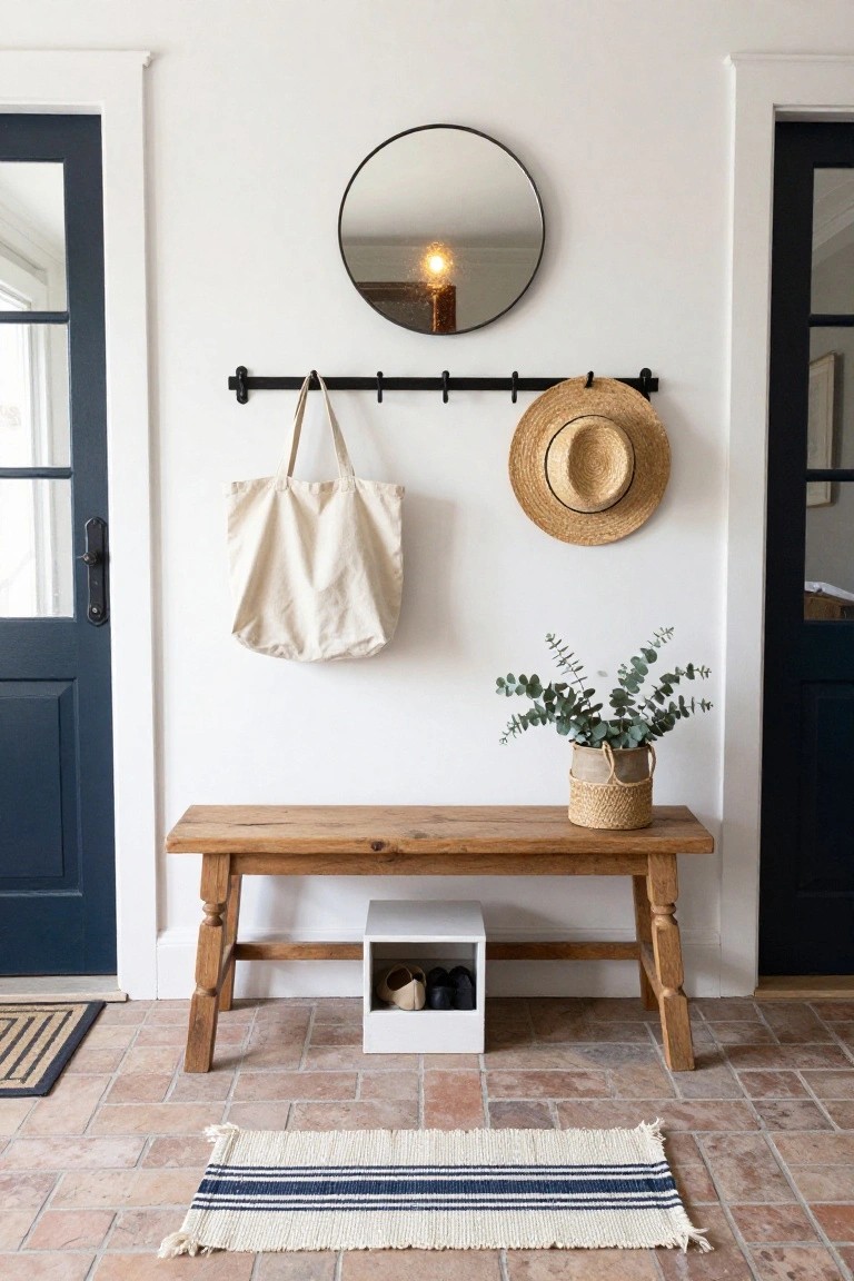 White entryway with wooden bench and white shoe storage box underneath, black hooks holding a beige tote bag and straw hat, round black mirror, eucalyptus in seagrass basket on wall, blue doors on sides, terracotta tile floor with striped rug.
