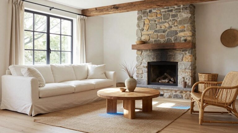 Living room with tall stacked stone fireplace on wooden mantel, white slipcovered sofas, wooden pedestal coffee table, rattan chairs and baskets, neutral rug on light wood floors, white walls, wooden ceiling beams, and large curtained windows.