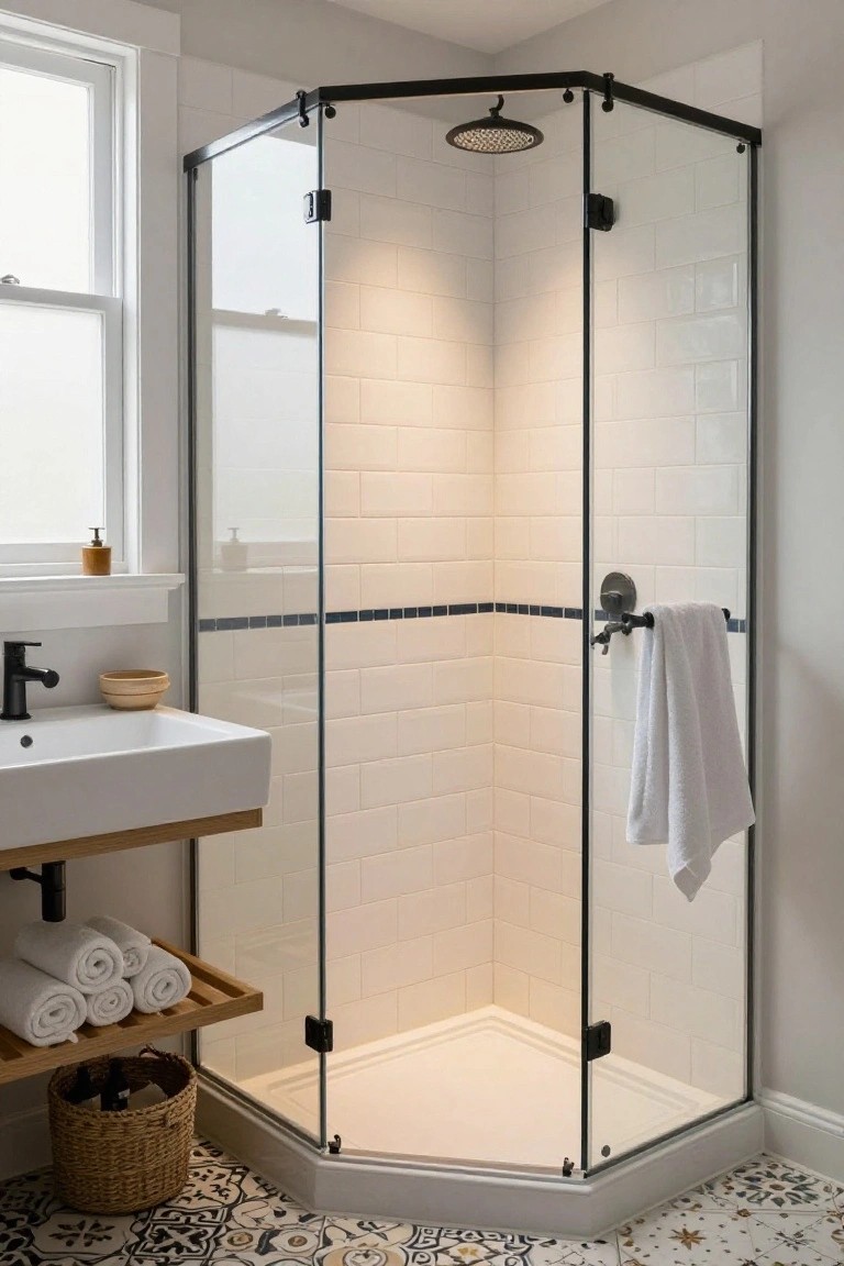 Corner neo-angle frameless glass shower enclosure in a bathroom with white subway tile walls, matte black fixtures, wooden floating vanity, stacked white towels on a shelf, and patterned tile floor.