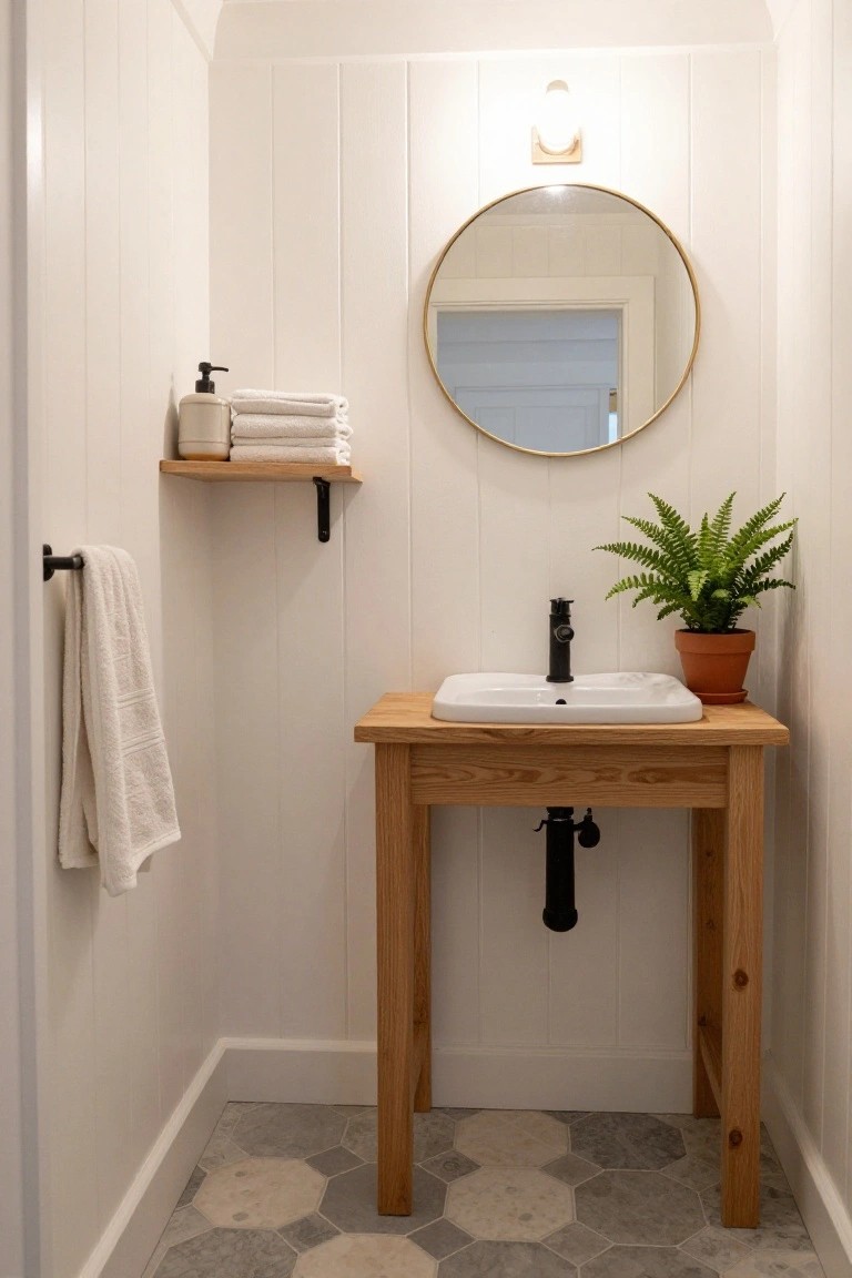Small white shiplap-walled bathroom featuring a freestanding wooden console table vanity with white sink, black faucet, round gold mirror, fern plant in terracotta pot, towels on shelves and towel bar, and gray hexagonal floor tiles.