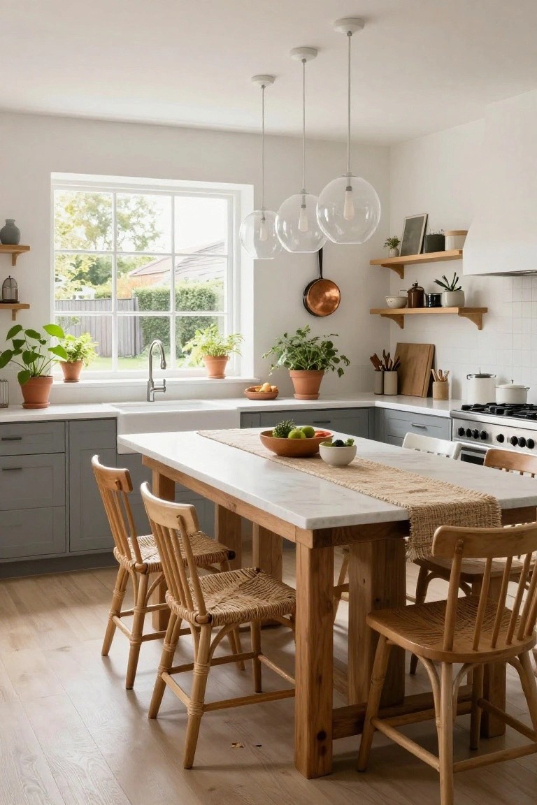 Bright white kitchen with light gray cabinets, large central white marble-topped wooden table surrounded by rattan and wood chairs, potted plants on windowsills and shelves, copper pot hanging above, and garden view through window.