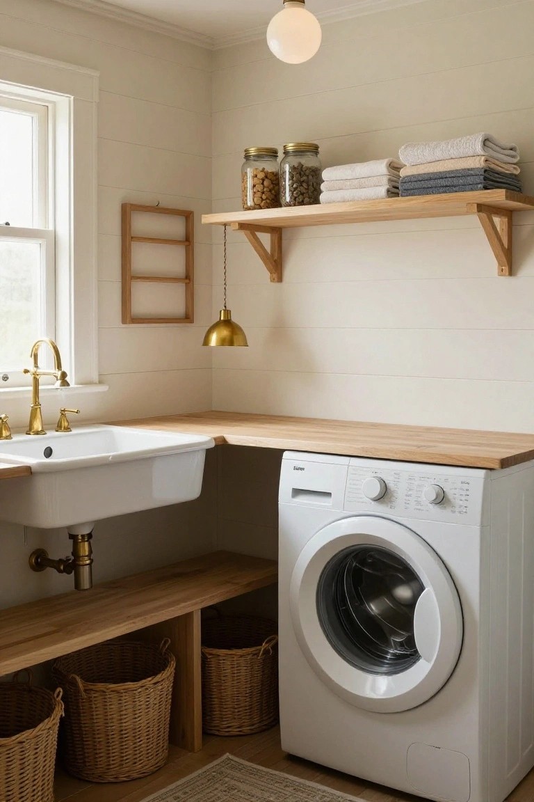Corner laundry room with wooden countertop spanning a white farmhouse sink and white front-loading washer, wicker baskets in open shelving below, towels and jars on wooden wall shelves, shiplap walls, and brass faucet.