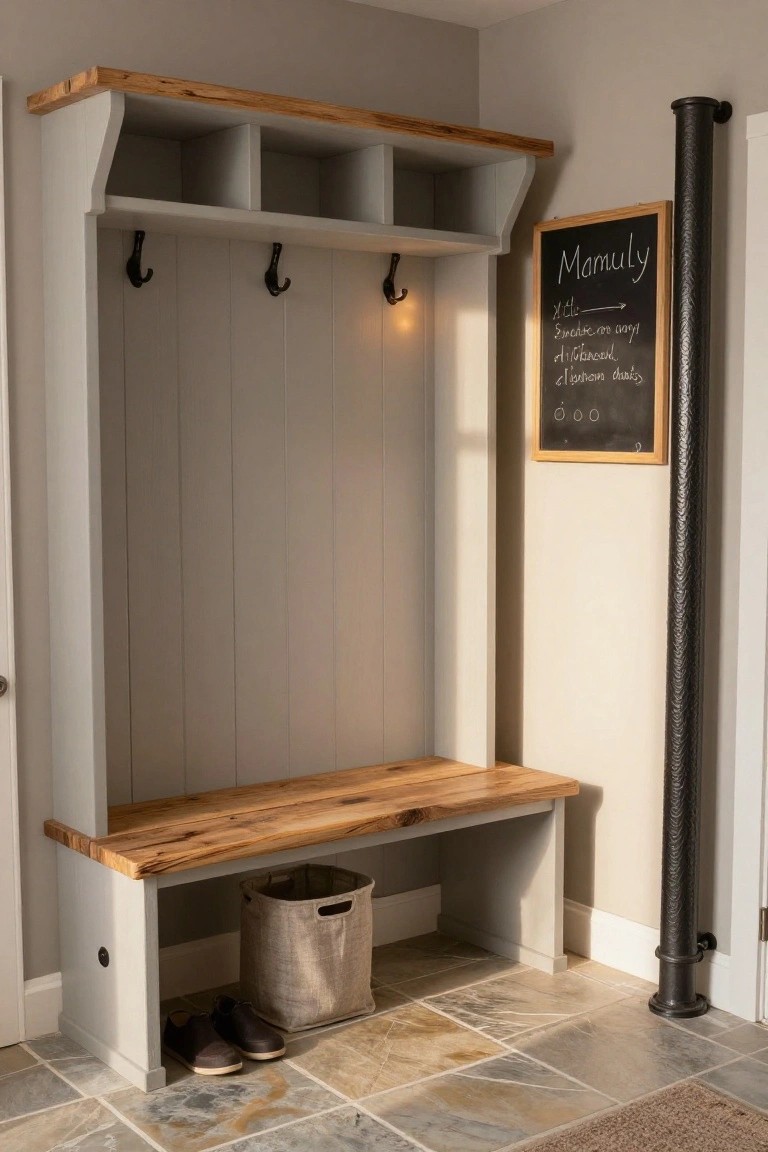 Tall gray painted wooden mudroom unit with open cubby shelves on top, three black coat hooks in the middle, wooden bench seat at the bottom, shoes and metal basket underneath, chalkboard frame on wall beside black pipe column, on slate tile floor.