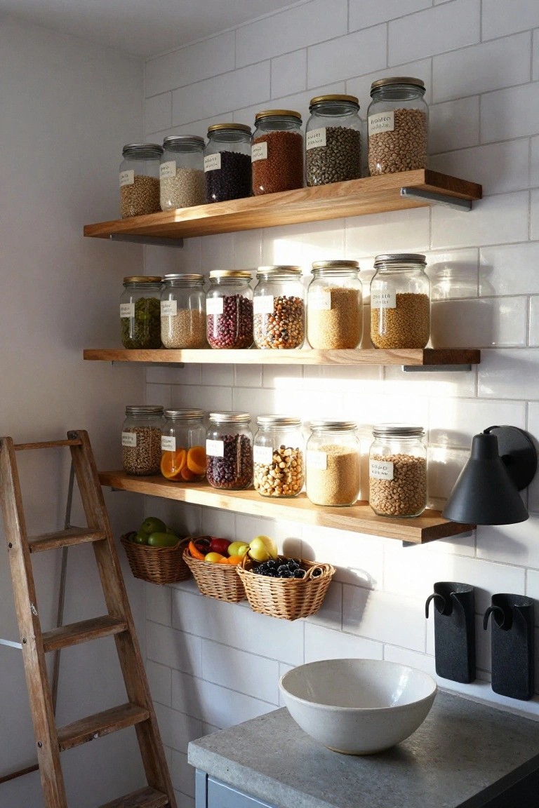 White subway-tiled wall in a kitchen pantry with three oak floating shelves stocked with labeled glass jars of grains, beans, lentils, nuts, seeds, and dried fruits, wooden step ladder nearby, woven baskets holding produce, black wall sconces, and a white bowl on a concrete countertop.