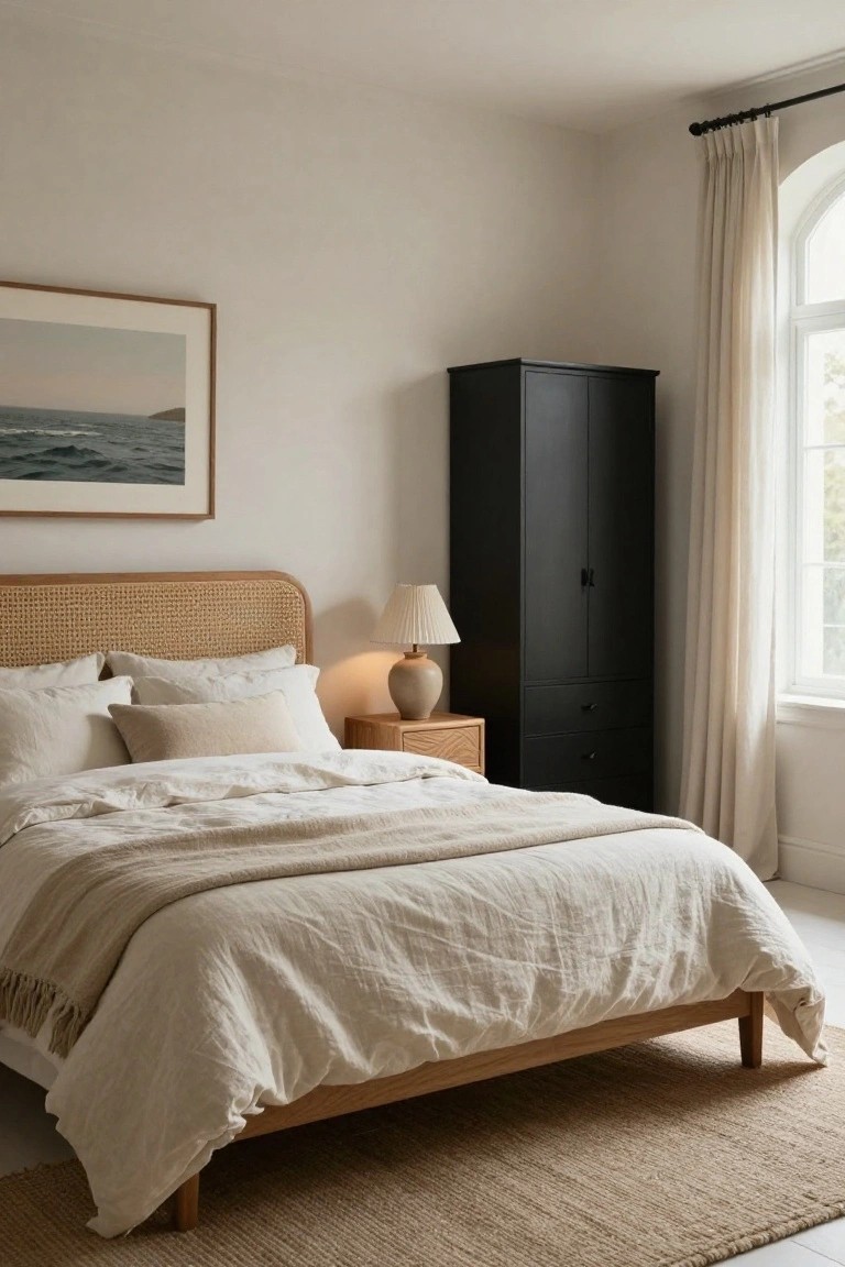 Bedroom with rattan-woven headboard on light wood bed frame, layered beige linens and pillows, wooden nightstand holding ceramic lamp, tall black wardrobe, framed ocean photo on wall, and arched window draped in cream curtains over seagrass rug.