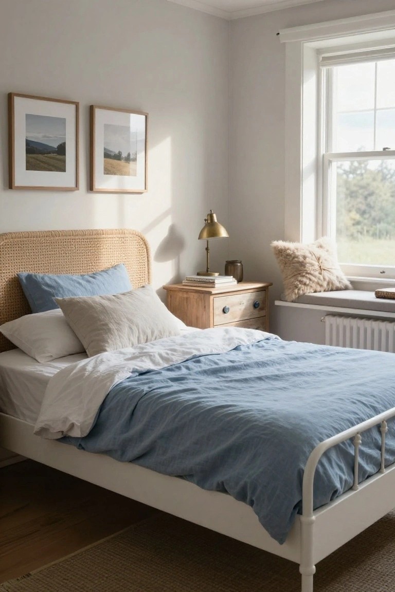 Bedroom interior with rattan headboard on white metal bed frame draped in white and blue linen bedding, wooden nightstand holding brass lamp and books, window seat with fluffy pillow, and landscape photos on walls.