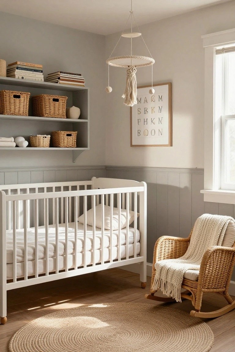 A light gray paneled nursery room with a white crib, floating shelves holding wicker baskets and books, a rattan rocking chair with a throw blanket, macrame mobile overhead, and a round jute rug on wood floors.