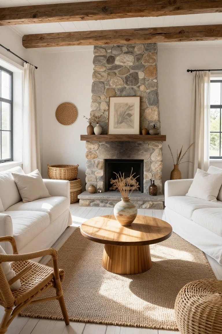 Living room with tall stacked stone fireplace on wooden mantel, white slipcovered sofas, wooden pedestal coffee table, rattan chairs and baskets, neutral rug on light wood floors, white walls, wooden ceiling beams, and large curtained windows.