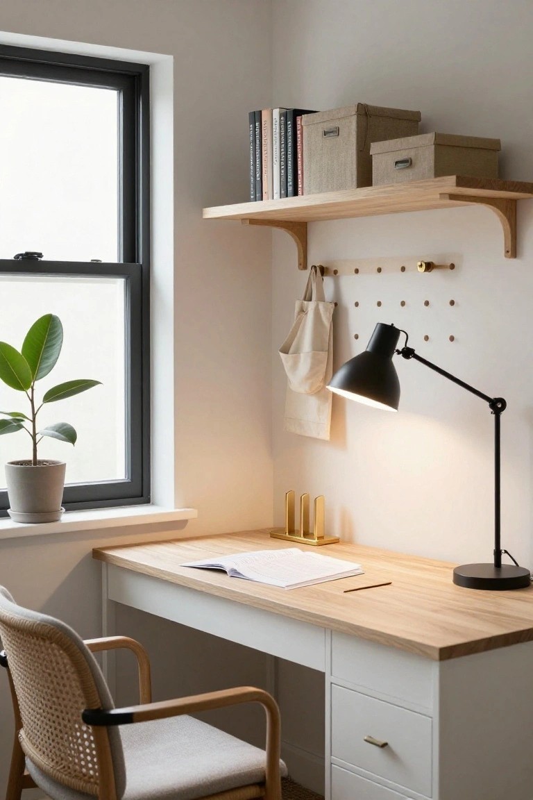 White corner desk with light wood top and open notebook in a bright room, oak floating shelves with books and boxes above, pegboard wall with hooks holding cloth bag and desk lamp, potted plant on windowsill by black-framed window.