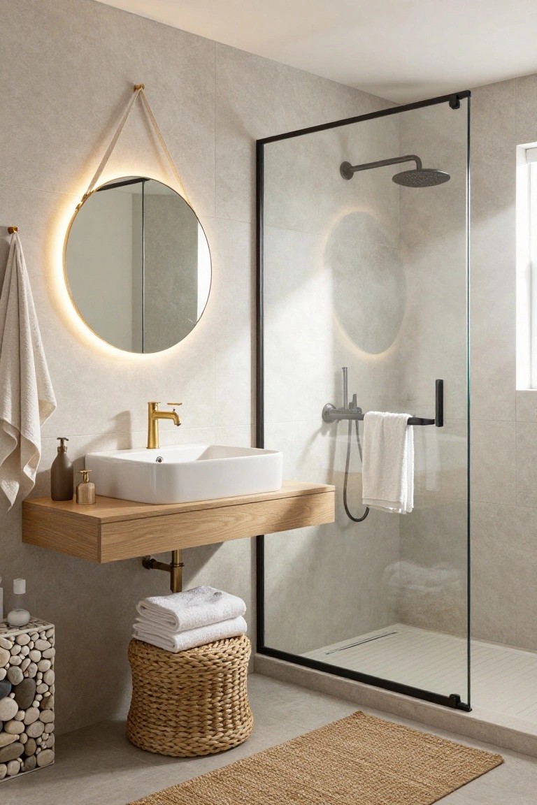 A light-colored bathroom with a floating oak vanity holding a white sink and gold faucet, round backlit mirror hung by linen straps, black-framed glass shower enclosure with rain showerhead, rattan stool, pebble side table, and seagrass floor mat.