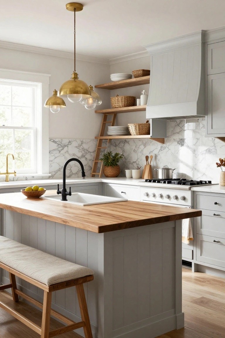 Bright kitchen interior with central gray paneled island topped in light butcher block wood, wooden bench with linen cushion, matte black faucet over white sink, marble backsplash, and brass pendant lights.