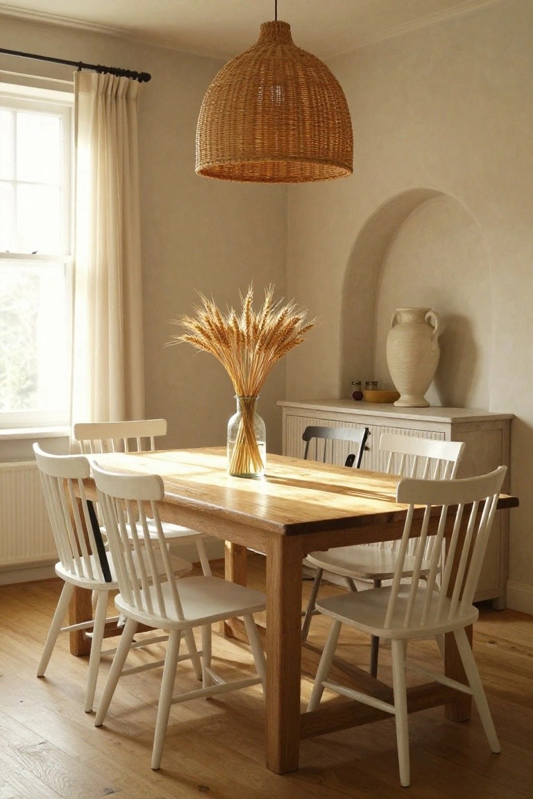 Sunlit dining room with rectangular light oak table, four white wooden chairs, glass vase of wheat stalks on table, large woven rattan pendant light overhead, sheer curtains on window, beige walls, and arched niche with ceramic urn.