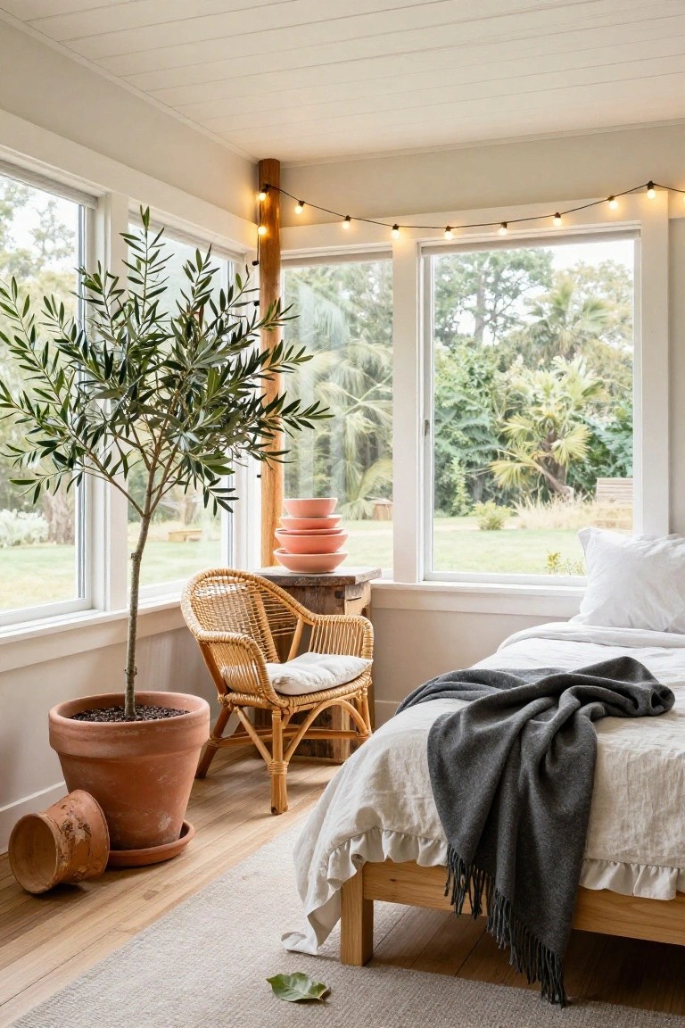 Corner of a light-filled bedroom featuring a tall potted olive tree next to a rattan armchair, stacked terracotta pots on a side table, white bed with gray throw, and string lights along large windows overlooking greenery.