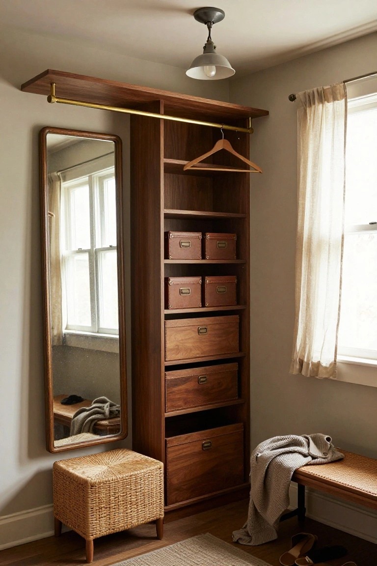 Tall custom wooden wardrobe with brass hanging rod, leather boxes on shelves, wooden drawers, integrated full-length mirror, wicker stool, and bench with gray throw in a light beige room with window and sheer curtain.