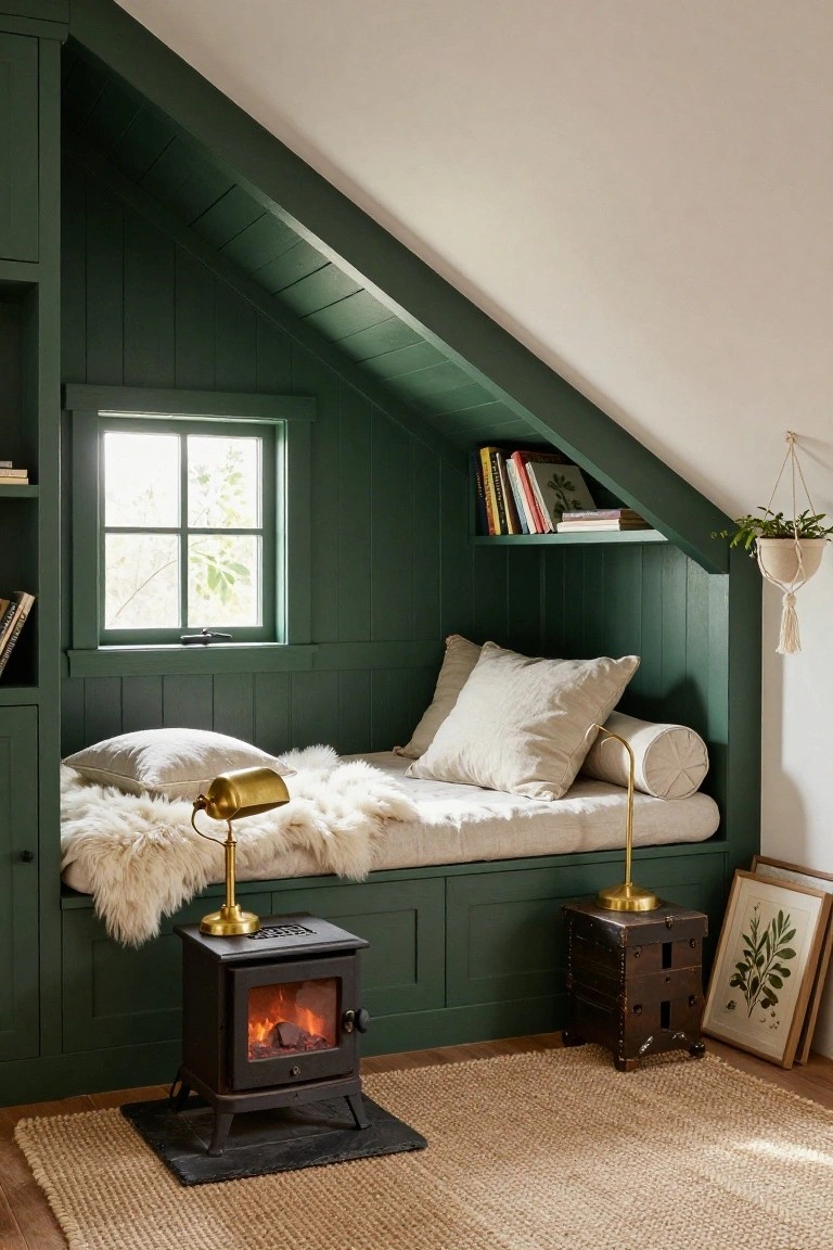 Green paneled attic room featuring built-in bookshelves, a window with natural light, a cushioned daybed with white pillows and sheepskin throw, brass lamps, a black wood-burning stove on a slate hearth, a seagrass rug, and framed botanical prints.