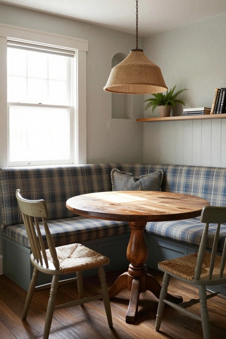 Corner kitchen banquette in blue plaid upholstery with pillows, surrounding a round wooden pedestal table with two green ladderback chairs with rush seats, under a rattan pendant lamp near a window.