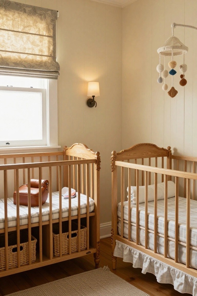 Cozy Twin Nursery with Wooden Cribs