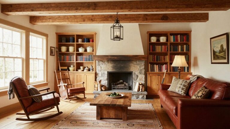 Rustic cabin living room with stone fireplace, brown leather sofa and chairs, wooden coffee table, bookshelves, and wooden beams on the ceiling.