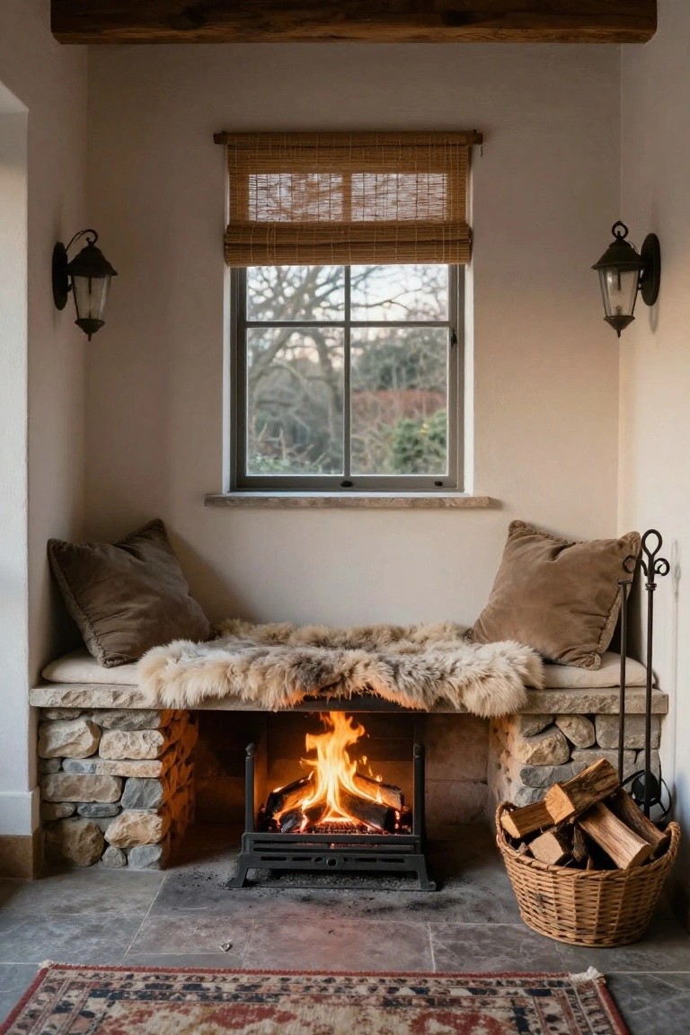 Rustic interior nook with stone-built bench seat covered by sheepskin rug and cushions next to a lit fireplace, small window with bamboo blinds above, wall lamps on sides, wood basket nearby, terracotta tile floor.