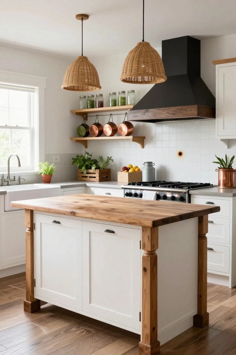 A bright kitchen with white cabinets, a central island topped in light wood with turned legs, rattan pendant lights, copper pots on shelves, and a black range hood.