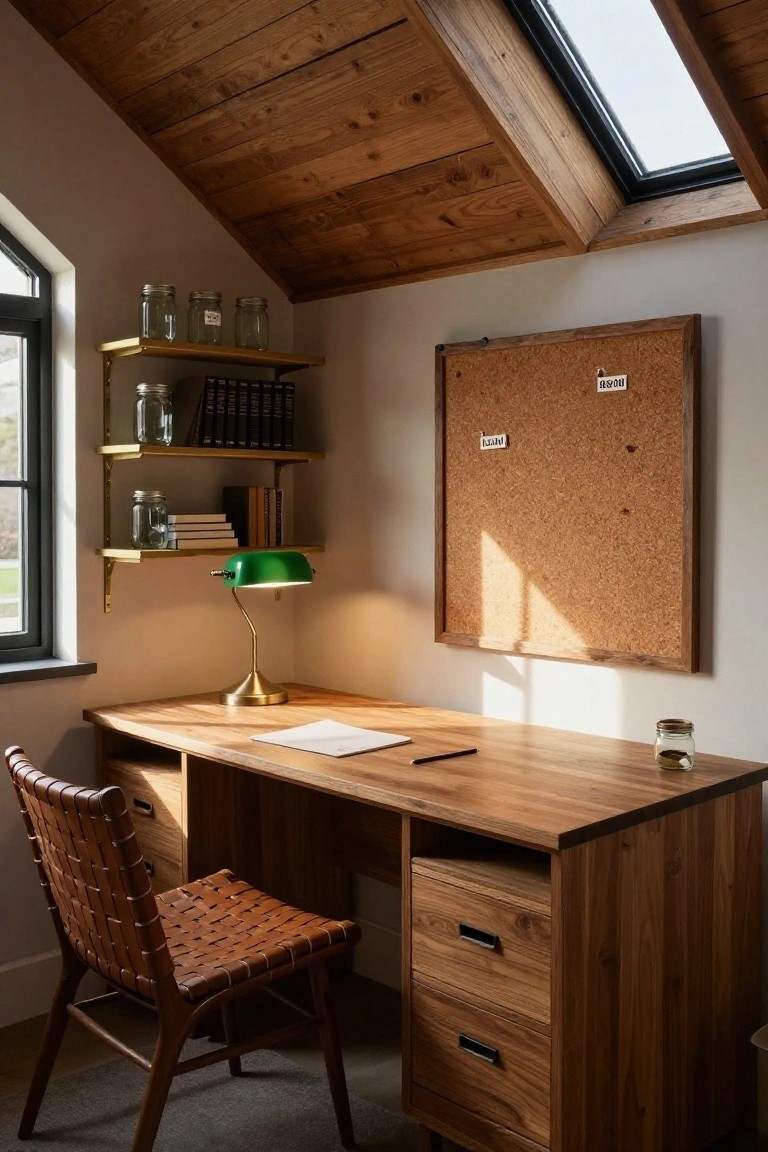 Attic office with sloped wooden ceiling, skylight, wooden shelves holding jars and books, green banker's lamp, corkboard on wall, wooden desk with paper and jar, and rattan leather chair.