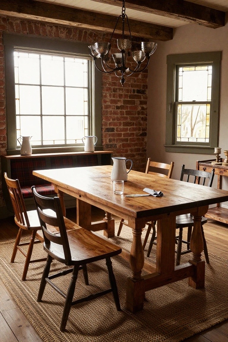 Rustic interior dining room featuring a large rectangular wooden table with turned legs, surrounded by assorted wooden chairs, on a jute rug, with exposed brick walls, wooden beams, large windows, and shelves holding white milk jugs.