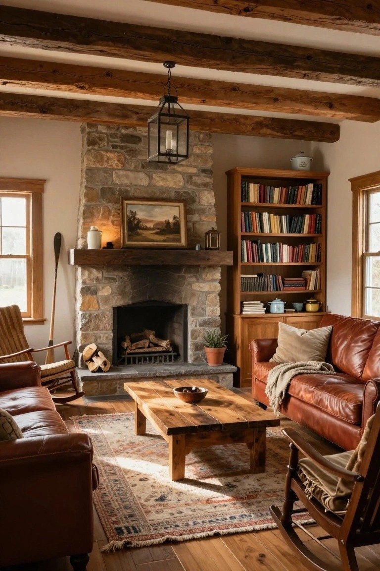 Rustic cabin living room with stone fireplace, brown leather sofa and chairs, wooden coffee table, bookshelves, and wooden beams on the ceiling.
