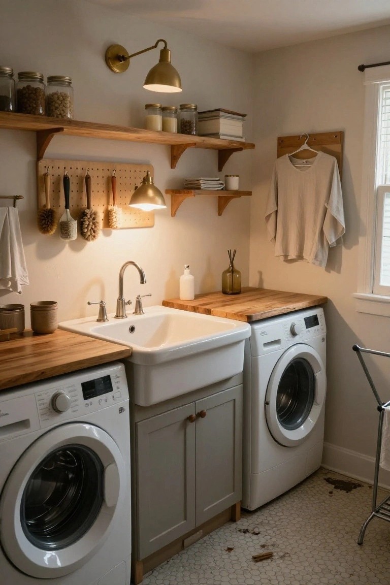 Cozy laundry room interior with white farmhouse sink in wooden butcher block countertop next to white washer and dryer, open wood shelves stocked with jars, pegboard with hanging brushes, and warm wall lamp.