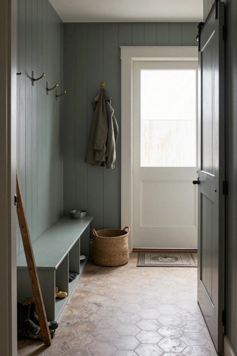 Sage green shiplap-walled mudroom with wooden bench, storage cubbies holding shoes, brass hooks with a coat, dog bowl, wicker baskets, and hexagonal tile floor beside a white door.
