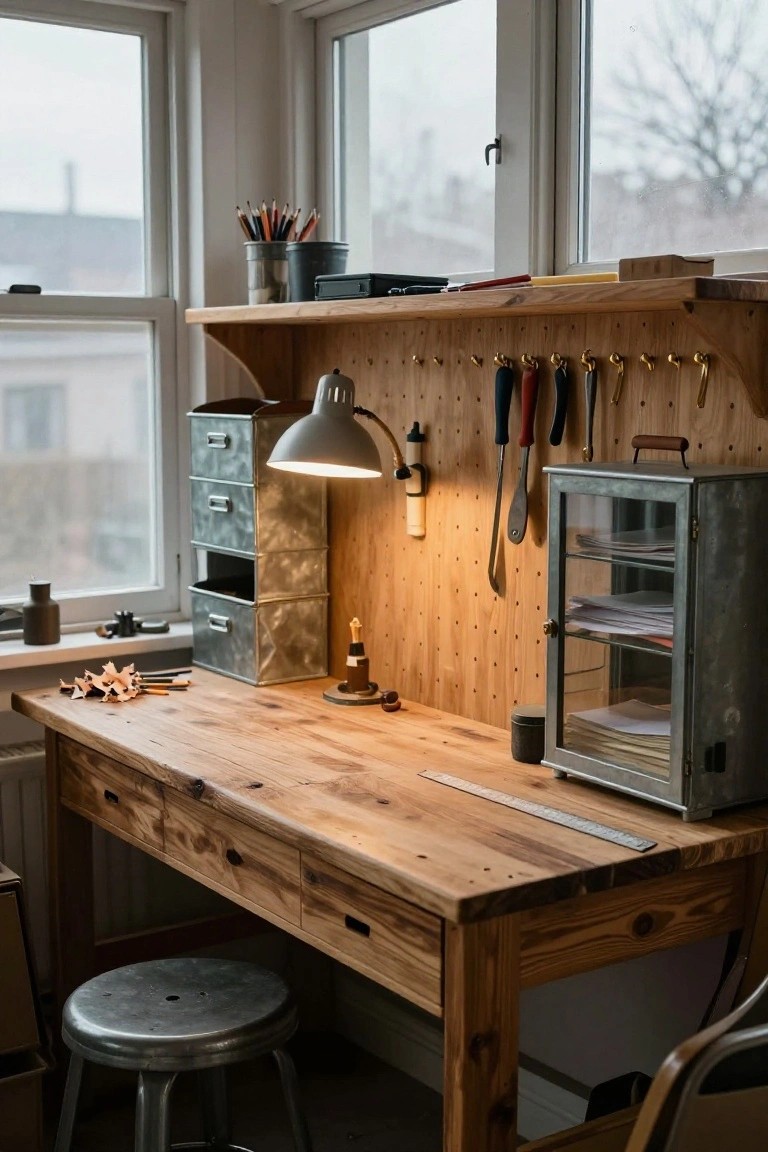 Wooden workbench with drawers in a room featuring a pegboard wall with hanging tools and utensils, metal storage cabinets, shelves, and large windows.