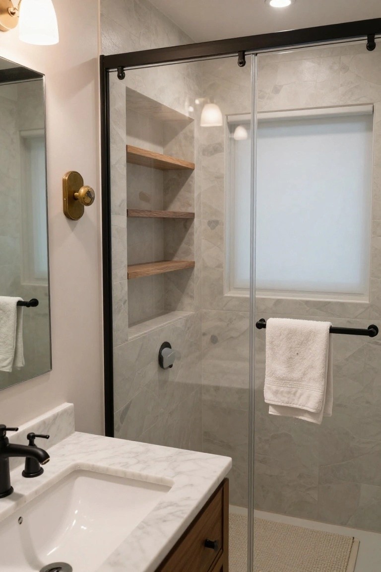 Modern bathroom featuring a glass shower enclosure with built-in wood shelves in a tiled niche, marble countertop vanity with undermount sink and black faucet, white towels on black bars, and wall sconces.