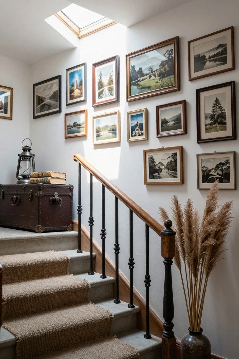 Sunlit interior stairwell with white wall covered in numerous variously sized framed landscape photographs, vintage trunk holding books and lantern at base, tall pampas grass in vase, wooden and iron handrail, beige carpet runner on concrete steps.