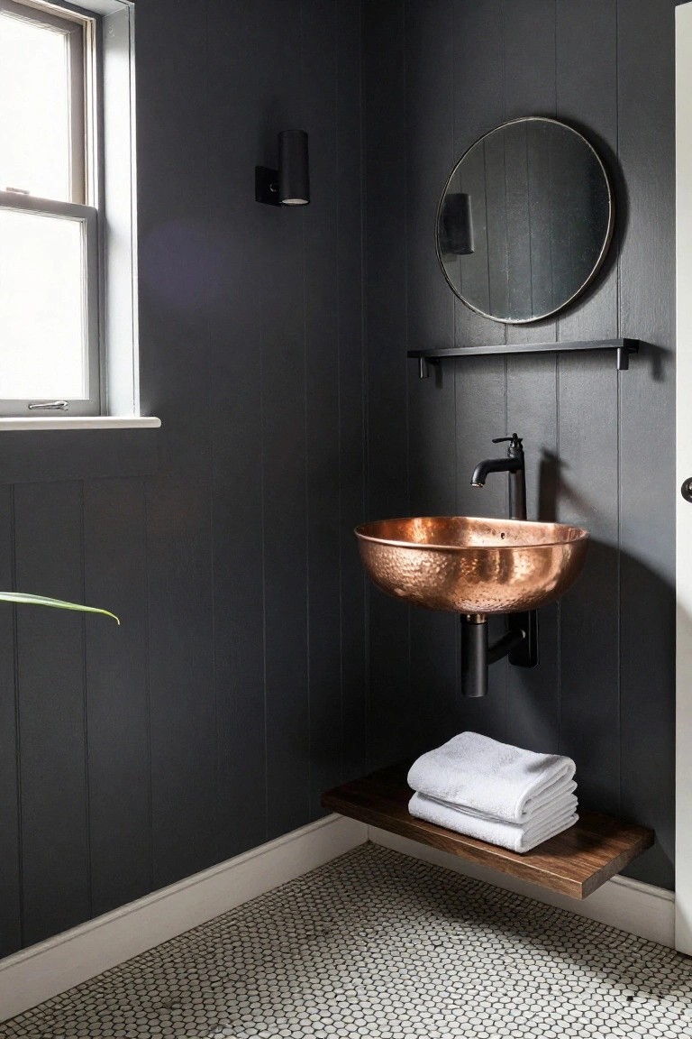 Corner of a small bathroom with dark shiplap paneled walls, round mirror with black frame, black wall sconce, wall-mounted hammered copper vessel sink with black faucet, wooden shelf holding stacked white towels, and white hexagonal tile floor.