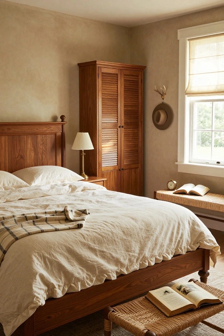 A bedroom featuring a wooden bed with white linens and plaid throw, wooden nightstand with lamp, tall wooden louvered armoire, wall-mounted antlers and hat, clock and open book on a wicker bench, and a window with linen shade.
