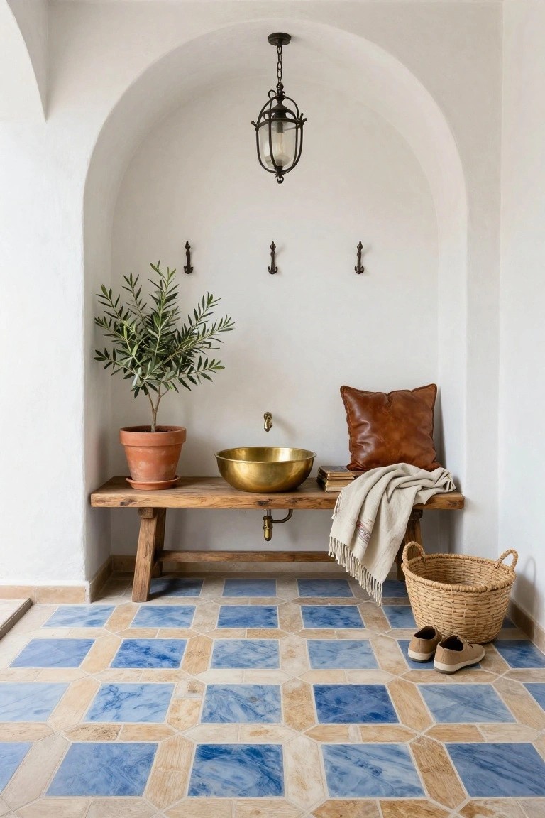 White arched interior alcove with wooden bench, brass basin sink, olive tree in terracotta pot, leather pillow, woven throw, basket, shoes, and blue and beige geometric tiled floor.