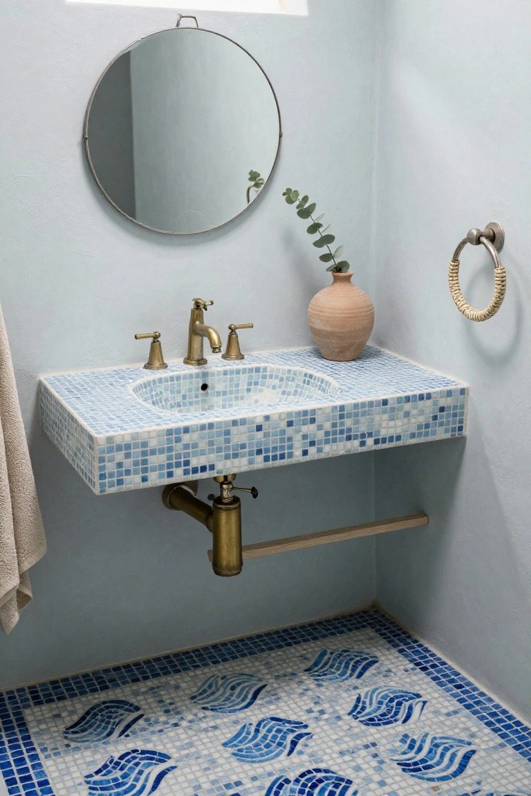 Wall-mounted blue mosaic tile sink with brass faucet in a light blue bathroom corner, round metal mirror, eucalyptus in terracotta vase, beige towel on rattan ring, wooden towel bar, brass drain pipe, and blue wave-patterned mosaic floor tiles.