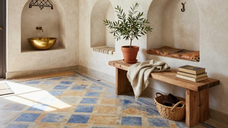 White arched interior alcove with wooden bench, brass basin sink, olive tree in terracotta pot, leather pillow, woven throw, basket, shoes, and blue and beige geometric tiled floor.