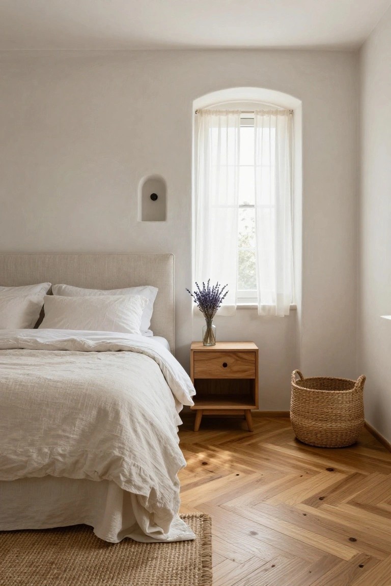 Bedroom interior with light oak herringbone parquet flooring, white linen bed and pillows, wooden nightstand holding a vase of lavender, arched window draped in sheer white curtains, wicker basket nearby, and seagrass rug at the bed base.