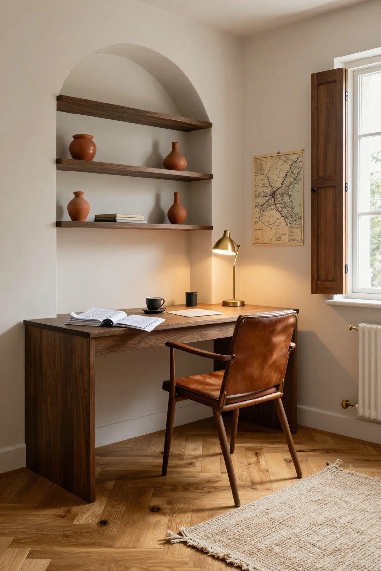 Minimalist home office corner with dark wood desk, tan leather chair, arched wooden shelves displaying terracotta pots and books, brass desk lamp, open notebook, wall map, window with wooden shutters, radiator, and herringbone-patterned light oak flooring.