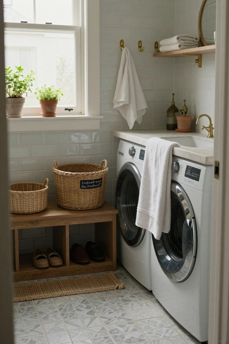 Laundry room with white subway tile walls, two white front-loading washers and dryers side by side, wooden bench with shoes and wicker baskets, white towels draped over machines, and gray geometric patterned tile floor.