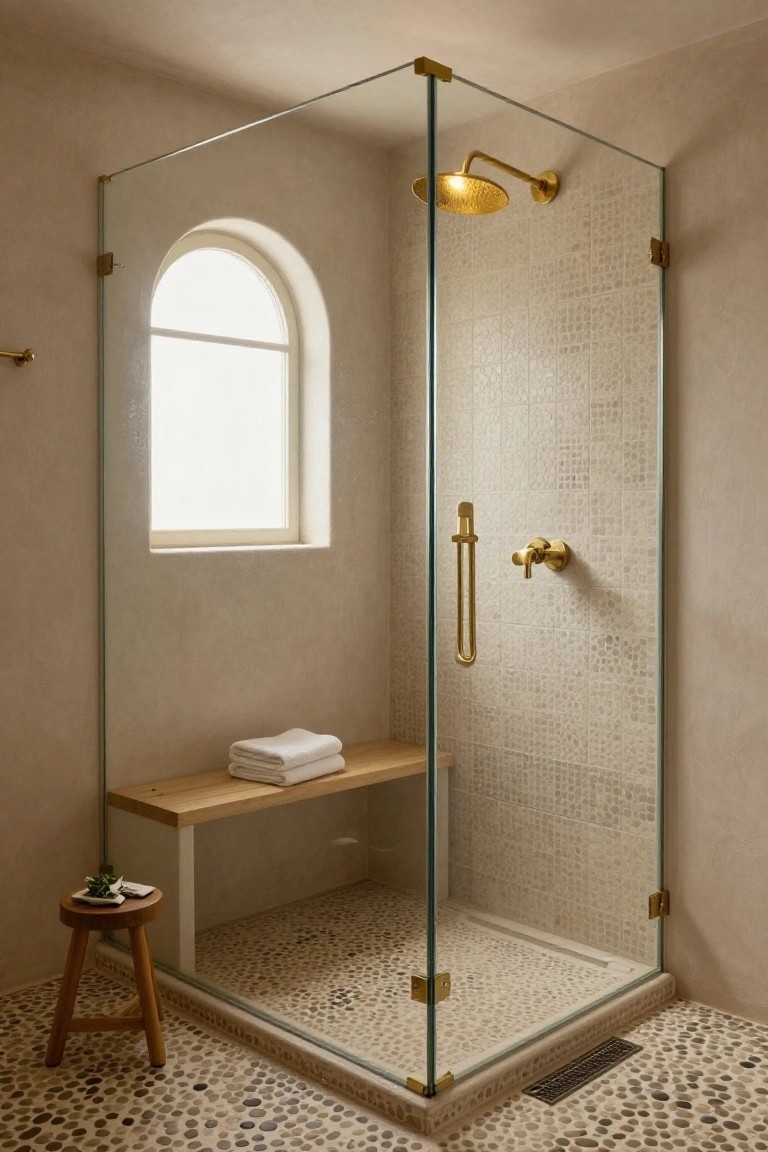 Light beige pebble stone flooring in a corner glass shower enclosure with gold fixtures, wood bench seat holding folded white towels, small wooden stool with potted plant nearby, arched window, and textured tile walls.