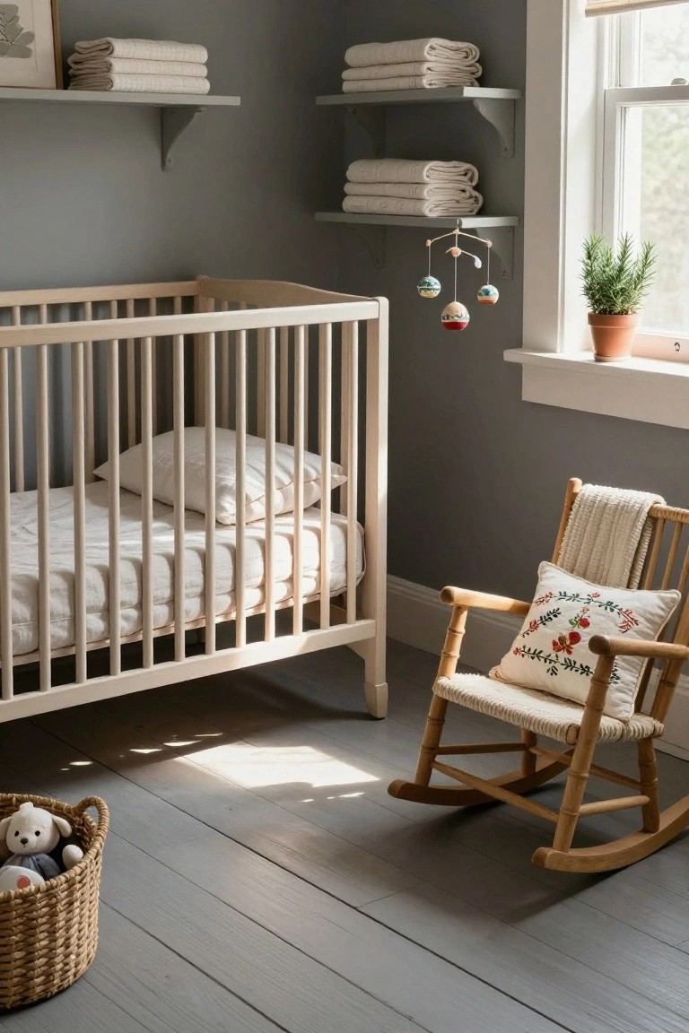 Nursery interior with white wooden crib containing pillows and sheet, wooden rocking chair with embroidered pillow and throw, shelves holding folded white towels, hanging mobile, potted plant by window, wicker basket with teddy bear on floor, and light gray painted wooden floorboards.