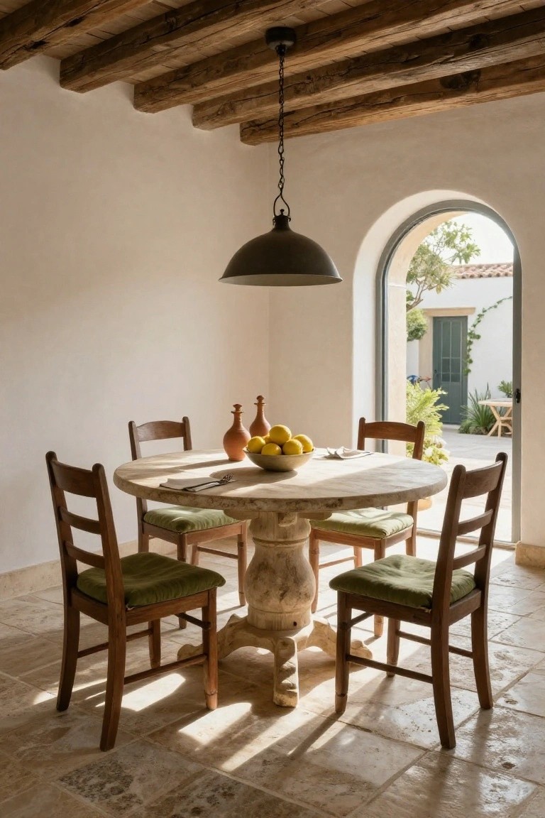 A sunlit Mediterranean dining room featuring a round pedestal table with lemons and ceramics, four wooden chairs with green cushions, terracotta tile floor, exposed wood beam ceiling, and an arched opening to a courtyard.