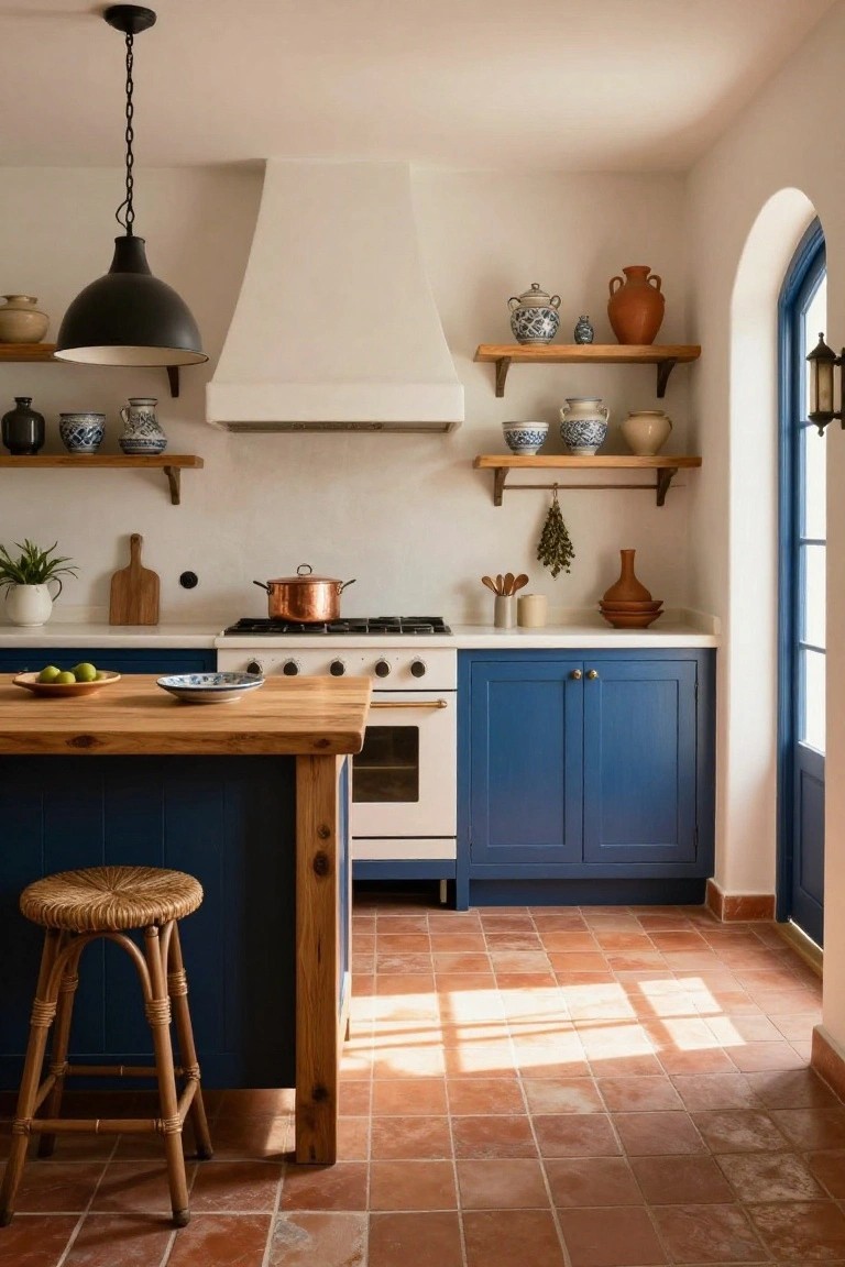 Mediterranean kitchen interior with terracotta tile flooring, wooden island topped by blue cabinets, rattan stool, white range hood, and blue door archway.