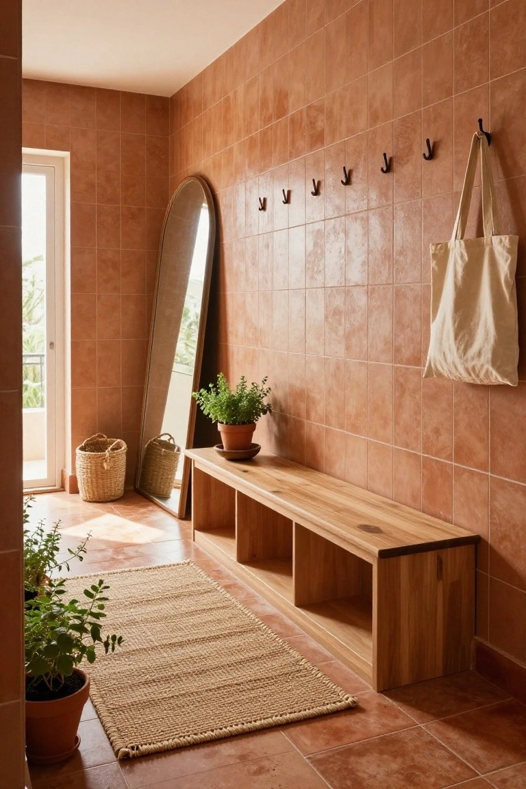 Entryway interior with terracotta tile floor, wooden bench with open shelves, large freestanding mirror, row of wall hooks holding a tote bag, potted plants, seagrass baskets, and woven rug near a glass door.