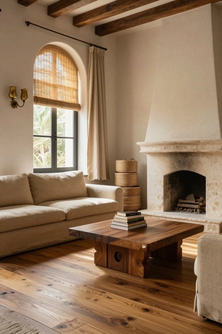 A Mediterranean-style living room with white walls, exposed wood beams, arched window with bamboo shade and beige curtains, stone fireplace, beige sofa, wooden coffee table with books, stacked seagrass baskets, and wide-plank warm-toned wood floors.