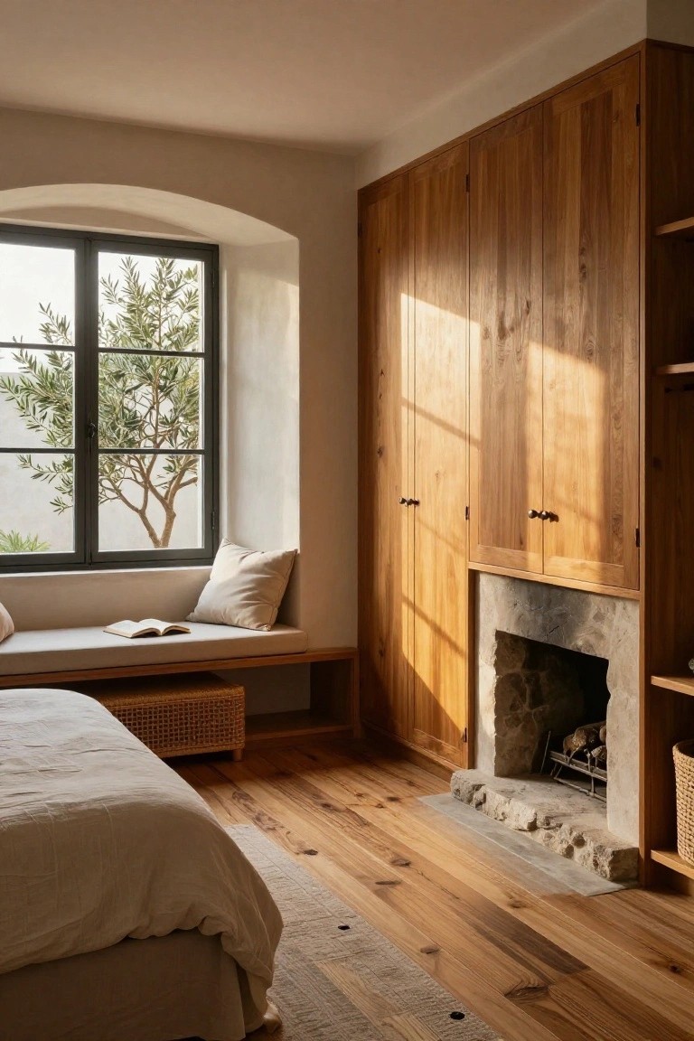 Bedroom interior with wide-plank light wood flooring, arched window overlooking olive tree, built-in window seat with pillows and book, wooden wardrobes, stone fireplace, rattan basket, and bed with white linens.