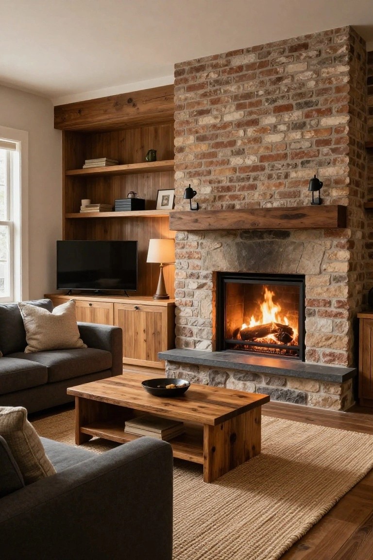 Living room interior with central brick fireplace, wooden mantel and built-in wood cabinetry and shelves on both sides, gray sofa, wooden coffee table, and neutral rug.