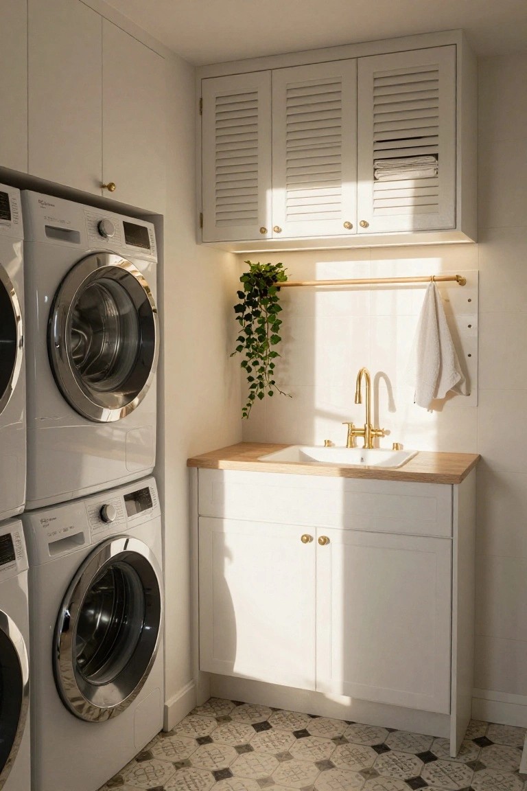 Small white laundry room with stacked front-loading washer and dryer next to wooden countertop sink with gold faucet and handles, upper louvered cabinets, hanging towel rod with draped towel and linens, trailing plant, and black and white patterned tile floor.
