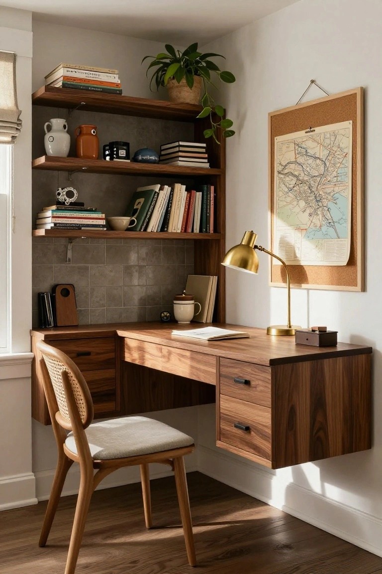 Corner workspace with floating wooden shelves holding books, ceramics, and plants above a built-in walnut desk with drawers, rattan chair, gold adjustable lamp, and corkboard map on beige tiled wall.